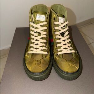 Gucci Olive High-Top Sneakers with Red and Green Stripes